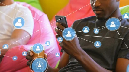 man holding coffee cup scrolling smartphone activating expanding social network icons around him - Powered by Adobe