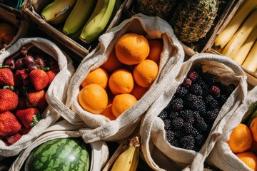 Overhead View of Vivid Fruits in Reusable Fabric Bags at a Market Display