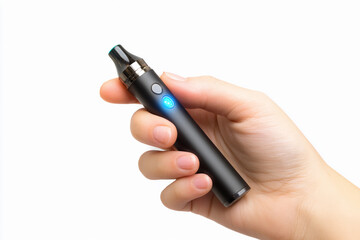 Person holding a sleek black vape pen with illuminated button