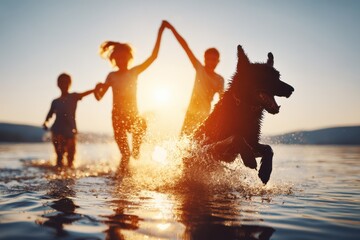 Joyful Dog Leaping Through Waves at Sunset With Kids Playing in Water Together