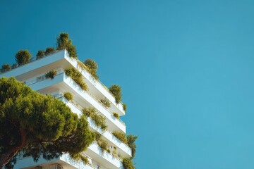Modern White Apartment Building with Balconies and Greenery Against a Bright Blue Sky
