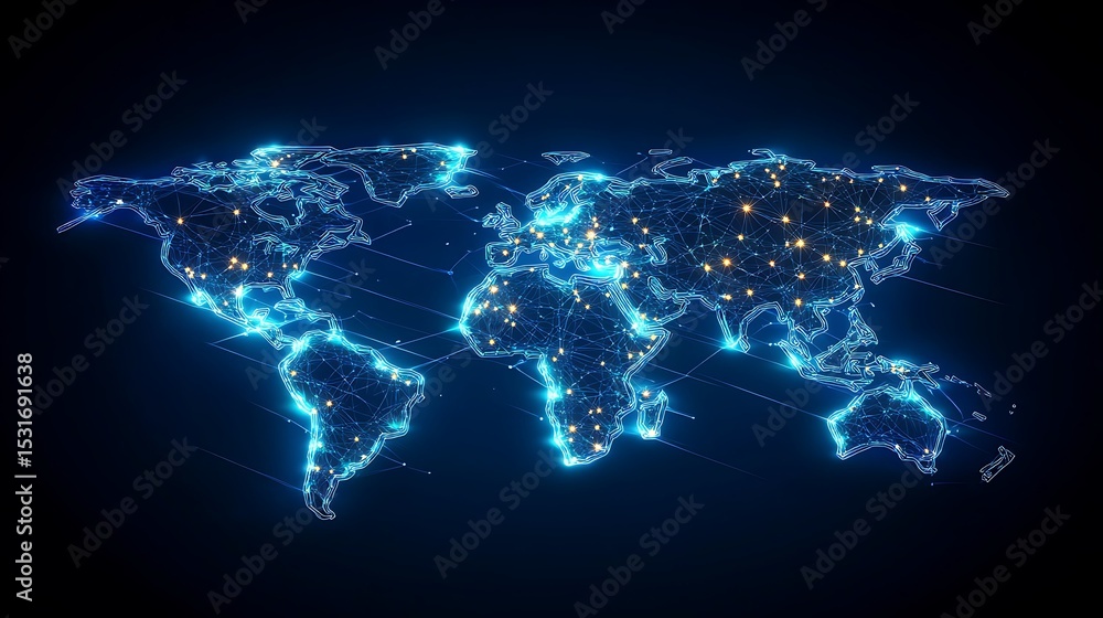 Poster glowing world map network connection on dark background