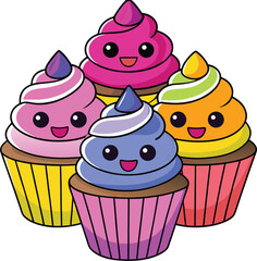 Colorful Cupcake Characters with Smiling Faces and Swirled Frosting - Perfect for Sweet-Themed Designs and Confectionery Art Projects