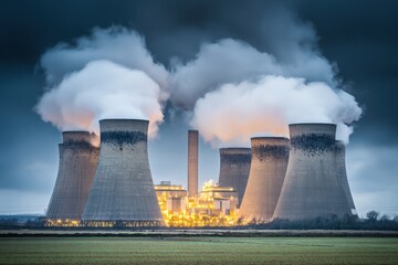 Dramatic Evening Scene of Coal Fired Power Station with Steam and Glow of Lights