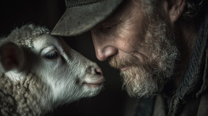Man and lamb share a moment in an intimate rural setting