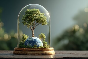 Enchanting Glass Dome with Miniature Earth and Tree Capturing Nature's Beauty and Serenity