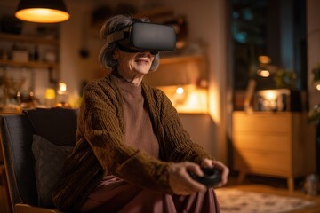 Elderly woman experiencing virtual reality at home with headset and joy on her face