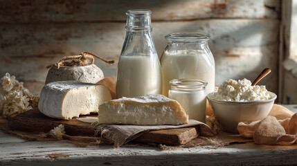 Fresh dairy products displayed on wooden table with rustic background