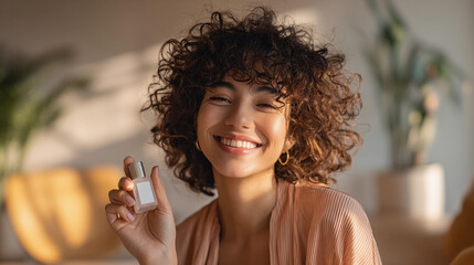 Young woman smiling while showcasing a perfume in a sunlit room