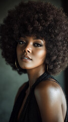 Beautiful woman with natural curly hair poses elegantly in warm light