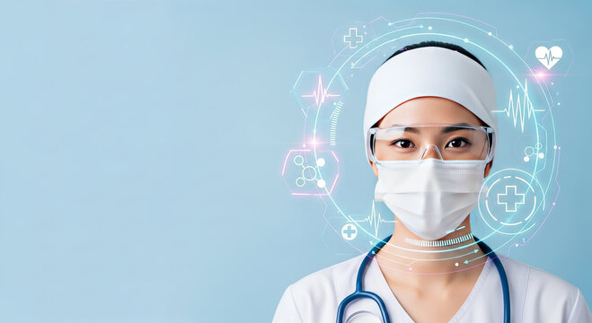 Futuristic Medical Doctor with Protective Gear and Digital Health Interface