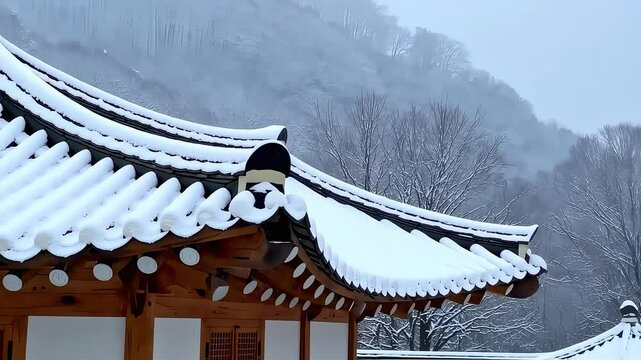 
Traditional Korean rooftops beautifully covered in white winter snow