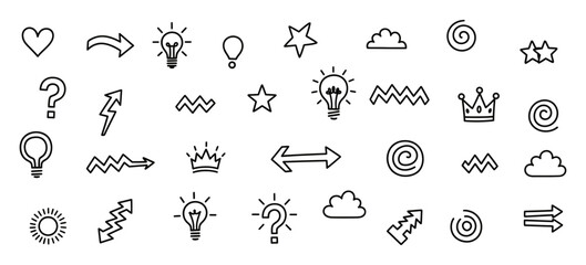 Diverse array of simple doodle icons representing ideas and directions on a white background