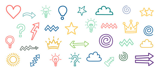 Collection of Various Hand Drawn Style Doodle Symbols with Hearts Stars Arrows and Lightbulbs