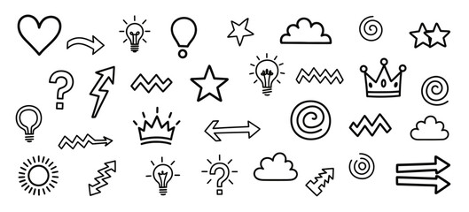 Doodle Icon Collection featuring Heart, Arrows, Star, Lightning, Crown and Lightbulb Elements