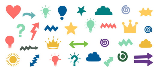 Doodle Style Icon Assortment with Arrows, Hearts, Stars, Lightbulbs, and Zigzags on White