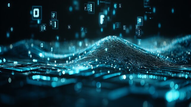 Data landscape with glowing binary code floating