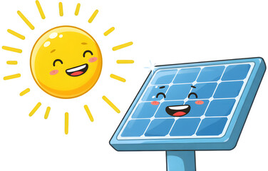 Happy Solar Panel and Sun, Renewable Energy Cartoon for Eco, Friendly Living