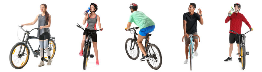 Set of people riding bicycles on white background