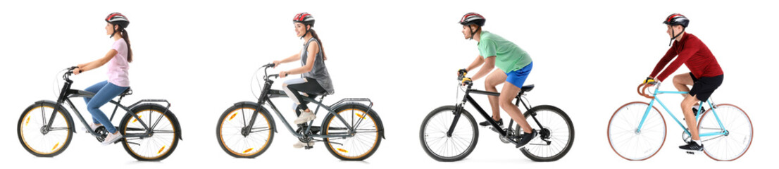 Naklejka premium Set of people riding bicycles on white background