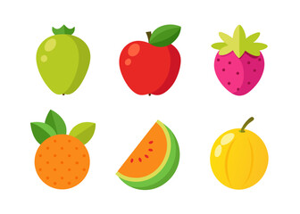 Flat design fruit icons set apple strawberry watermelon orange and guava