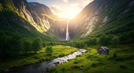 Majestic Waterfall Cascading Through Lush Green Valley at Sunset Serene Nature Photography