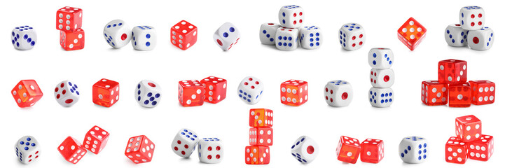 Set of many dices on white background
