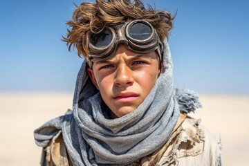 Young caucasian male explorer in desert landscape wearing goggles and scarf