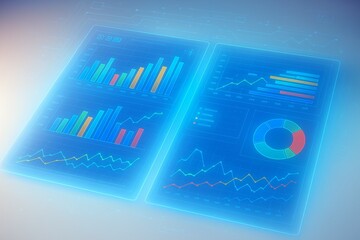 Futuristic digital data analysis display featuring interactive graphs and charts