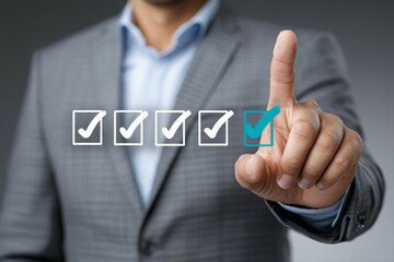 Businessman checking off completed tasks on a virtual checklist interface