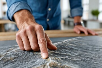 Male hand exploring textured surface in close-up view with focus on finger details