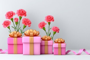 Pink gift boxes with gold ribbons and carnations on gray background