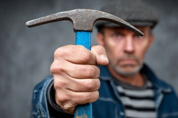 Mature caucasian male with hammer in focus with blurred background