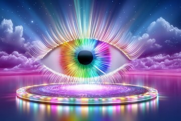 Vibrant neon eye in mystical landscape surrounded by colorful ring and clouds