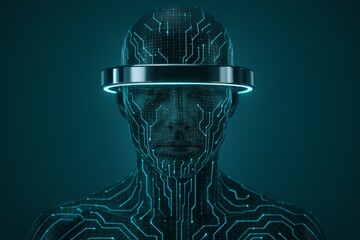 Futuristic human ai integration concept with digital circuitry and glowing halo