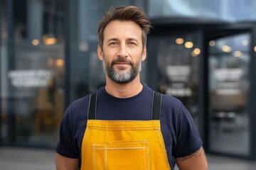 Caucasian male adult with beard wearing yellow apron outside coffee shop