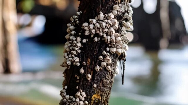 Close-up view of gooseneck barnacles attached to a wooden piling near water, focusing on textures and symbiotic relationship.