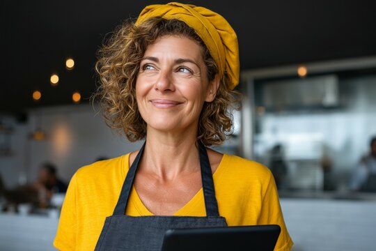 Smiling caucasian female chef in yellow attire at a modern restaurant kitchen