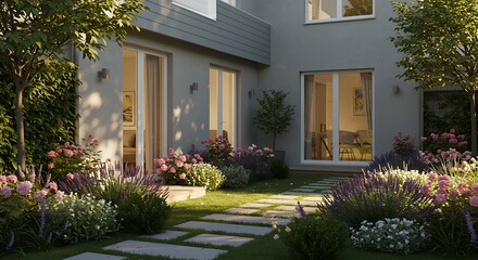 Serene Courtyard Garden Design Modern House Exterior with Lush Landscaping and Stone Pathway