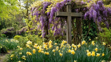 Naklejka premium A serene scene of a cross dd with purple wisteria, standing tall against a backdrop of vibrant yellow daffodils and verdant vines in a peaceful garden.