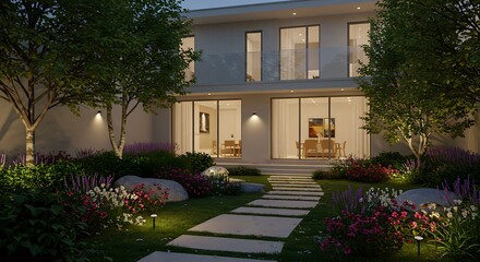 Modern Courtyard Design Evening Ambiance, Landscaping, and Lighting