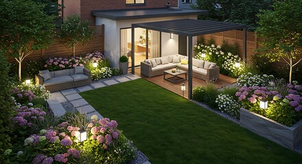 Evening Serenity Modern Backyard Oasis Design with Pergola and Lush Landscaping