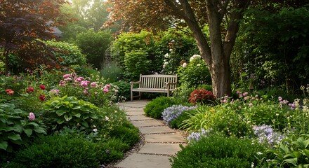 Serene Garden Path A Tranquil Escape in Lush Greenery