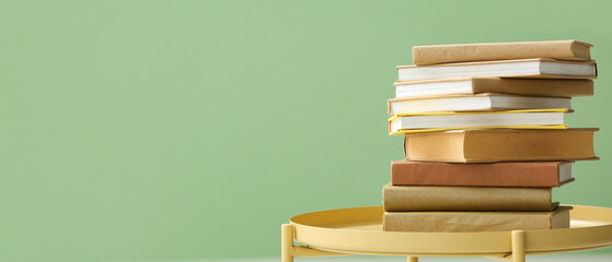 Stack of books on coffee table near green wall, closeup