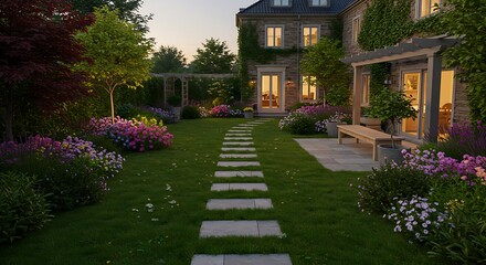 Enchanting Evening Garden Design Stone Path, Lush Flowers, & Cozy Lighting