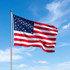 Obraz premium A vibrant American flag ripples against a bright blue sky with wispy clouds, evoking patriotism