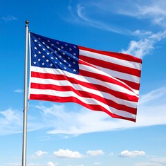 Fototapeta premium American flag waves proudly against a serene blue sky with wispy clouds, evokes patriotism