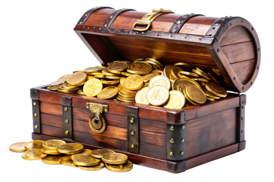 treasure chest with gold coins isolated on a white background, png, ai