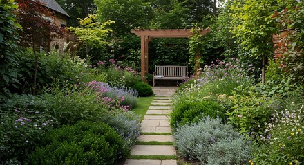 Serene Garden Path Tranquil Landscape Design with Stone Walkway and Wooden Pergola