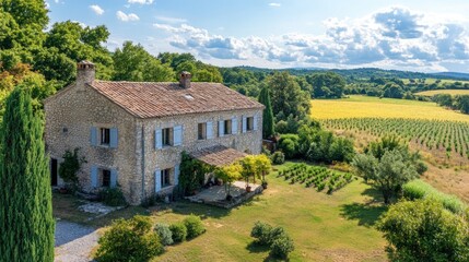 Obraz premium Stone farmhouse nestled in vineyards